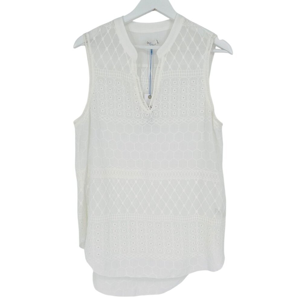 GF Collection Tank Top Off White Embroidered Eyelet Sheer High Low V-Neck Size M